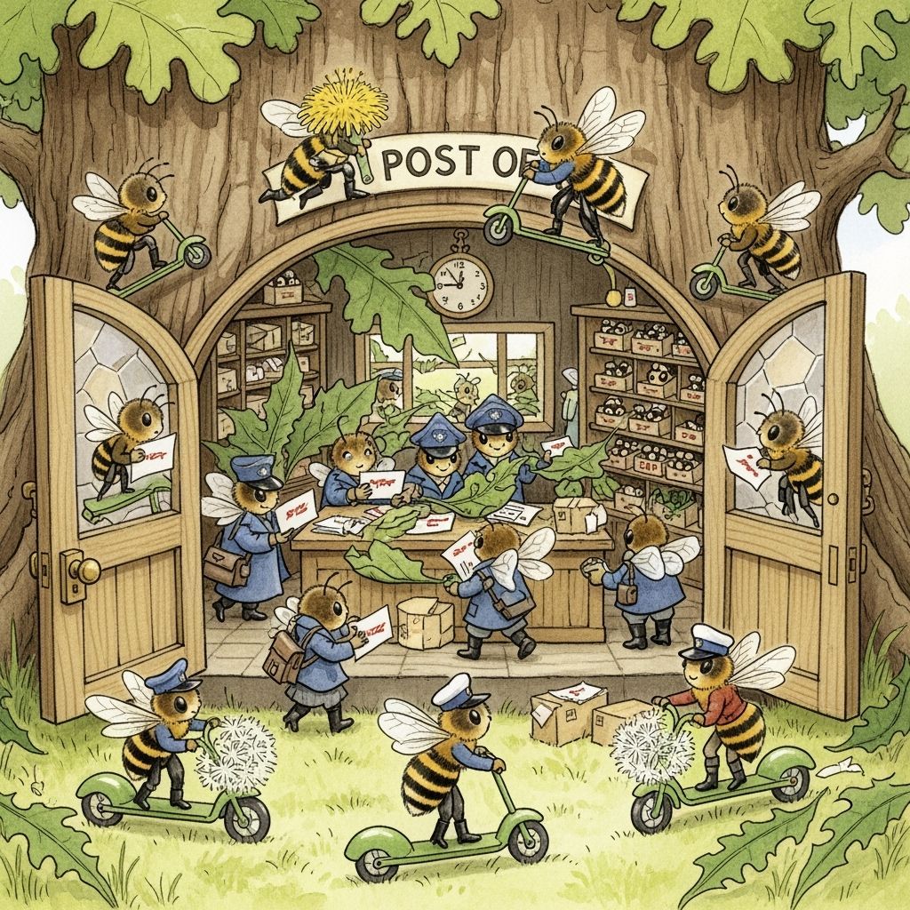Honeybee Post Office in Cozy Oak Tree: Watercolor Style