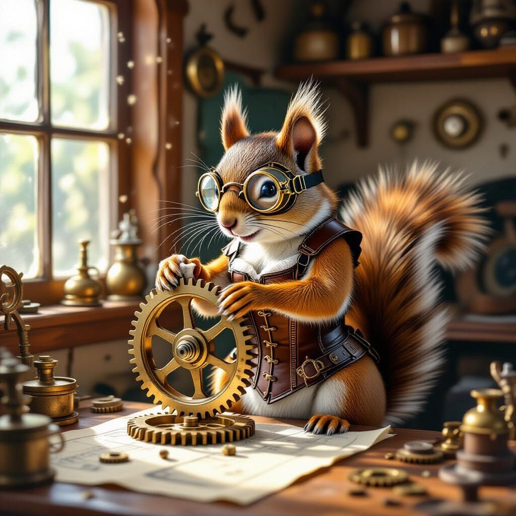 Steampunk Squirrel Polishing Cogwheel in Workshop