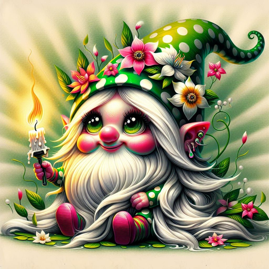 Whimsical Gnome with Candle in Surreal Garden
