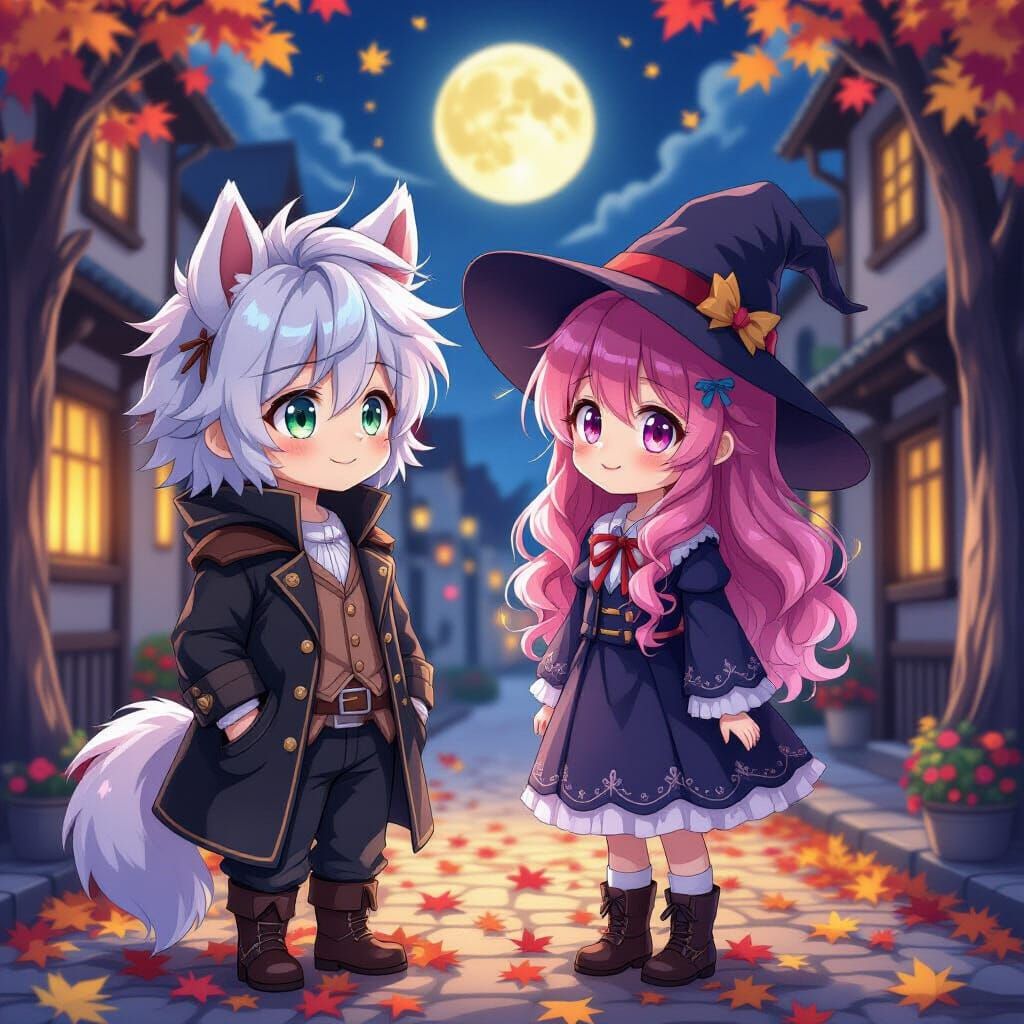 Anime Boy and Witch Girl in Mystical Autumn Street