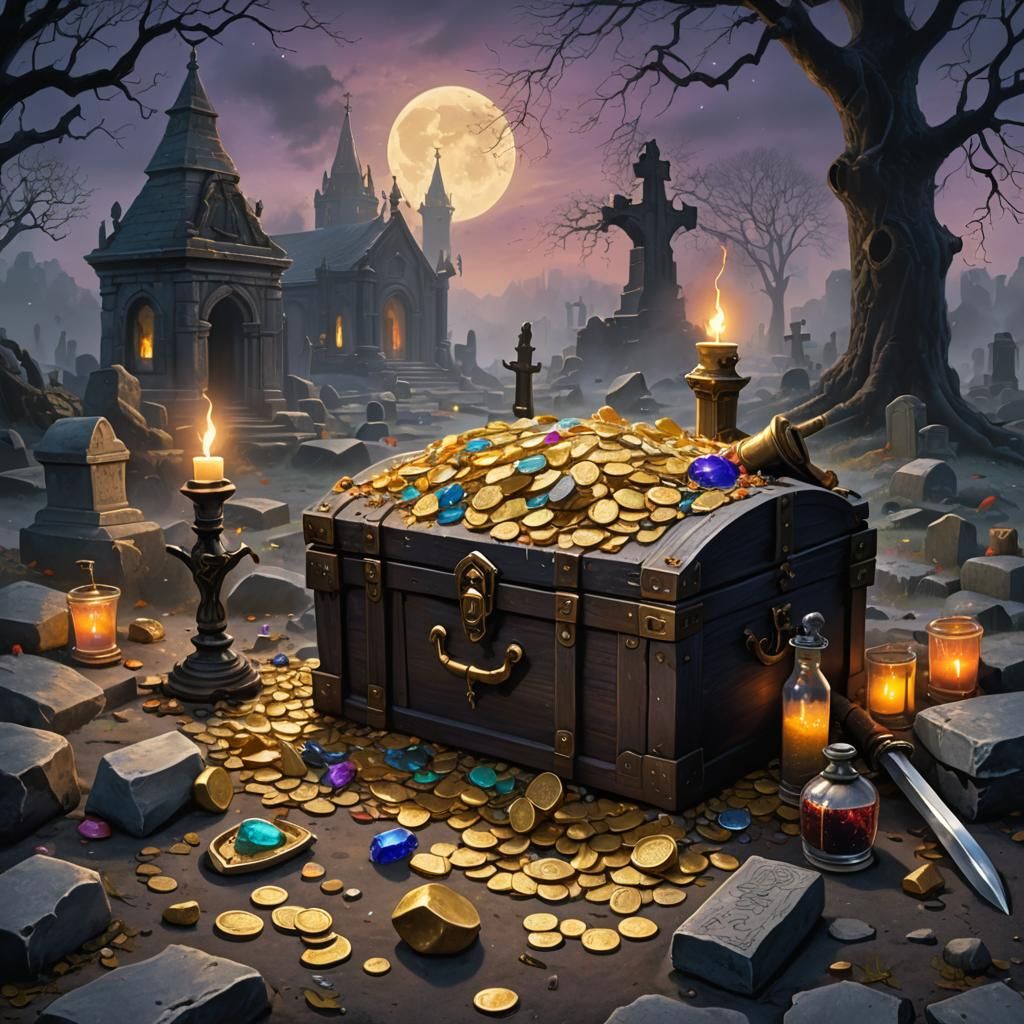 Fantasy Treasure Chest in Misty Graveyard