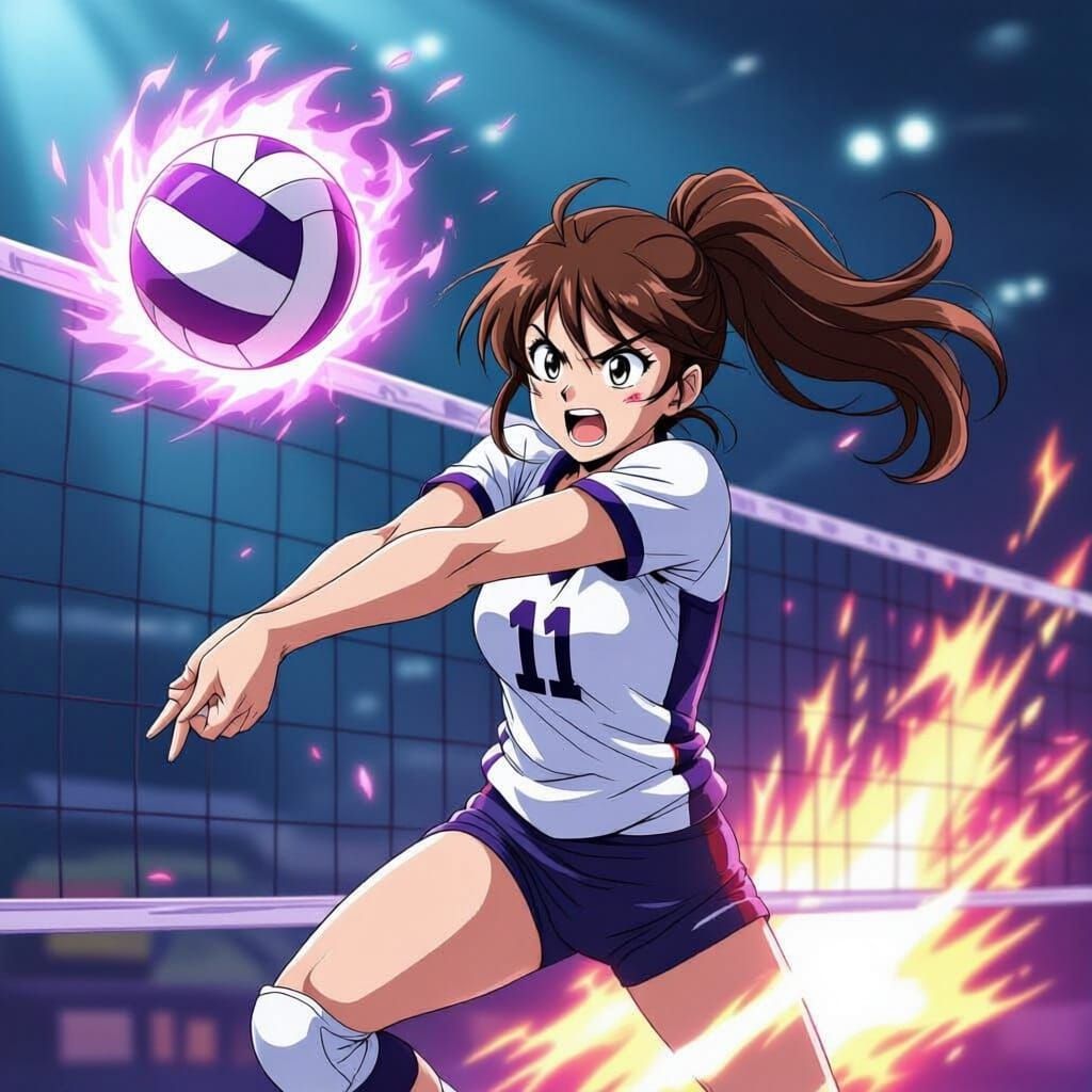 Volleyball Player Spiking Flaming Ball in Anime Style