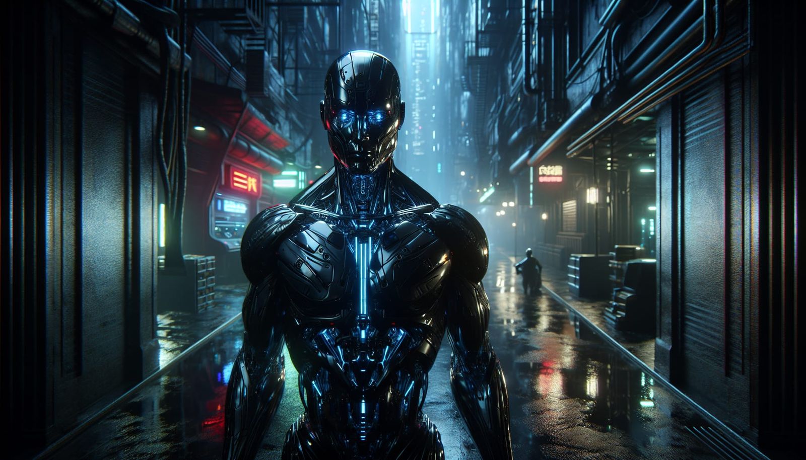 Cybernetic Warrior in Neon Noir Cityscape