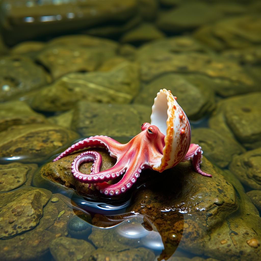 Octopus Pries Open Shell on Rocky Seaside