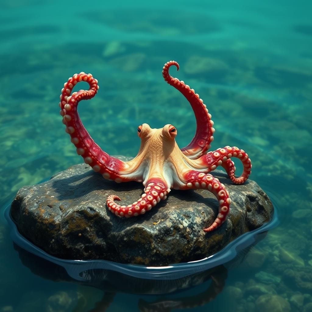 Octopus Opening Shell Underwater on Rock