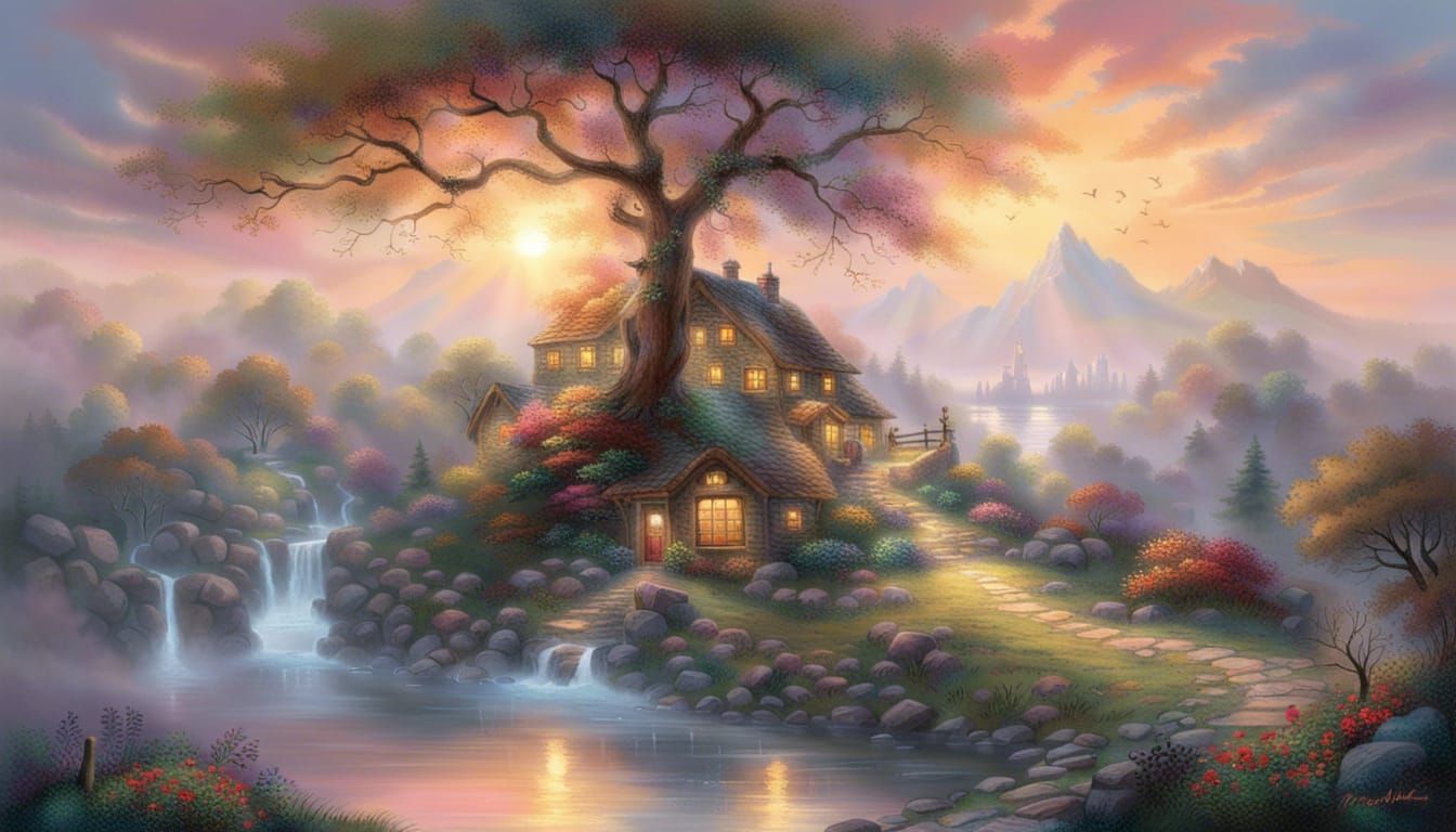 Fantasy Sunrise Over Misty Landscape