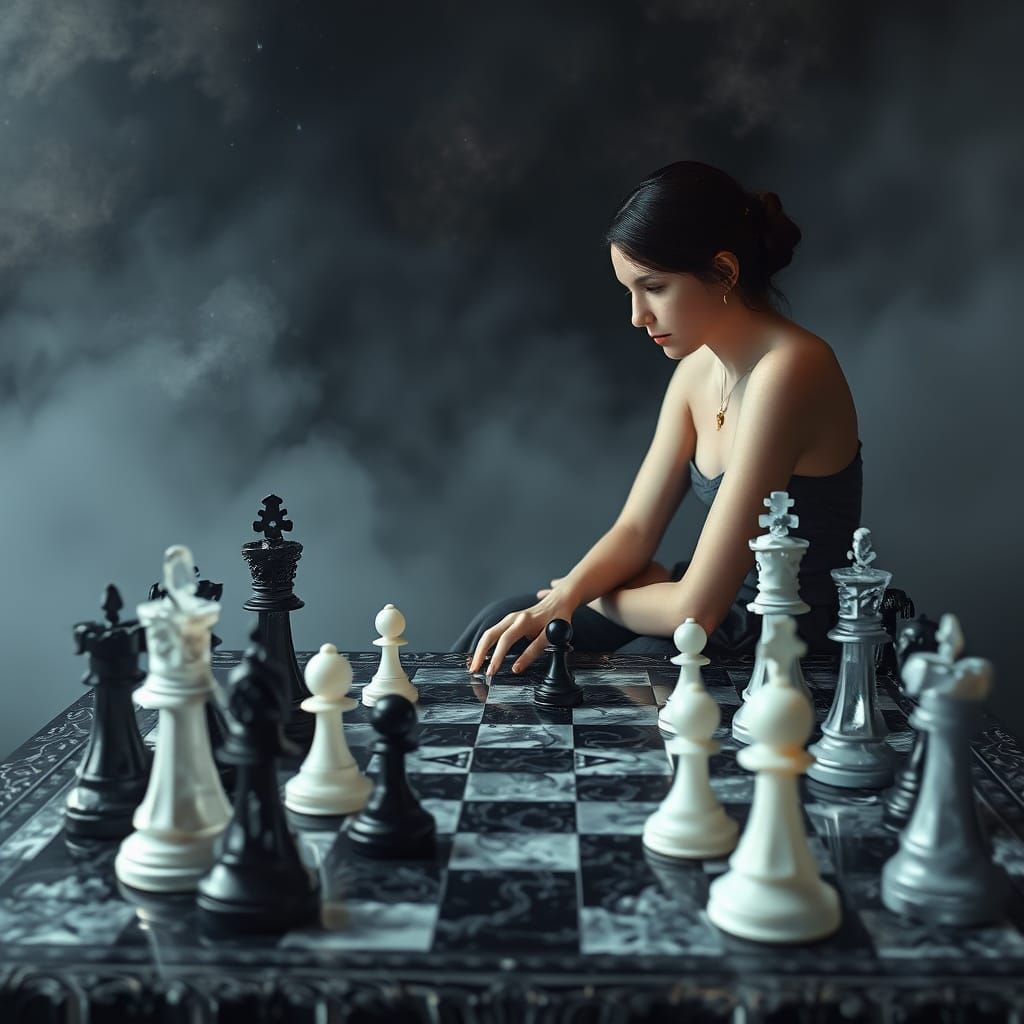 Mystical Chessboard with Moonstone and Obsidian Pieces