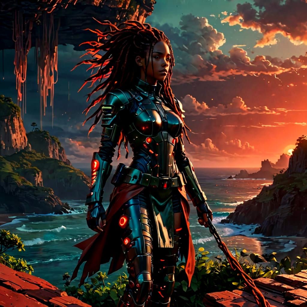 Melancholic Caribbean Woman in Cyberpunk Dreamscape