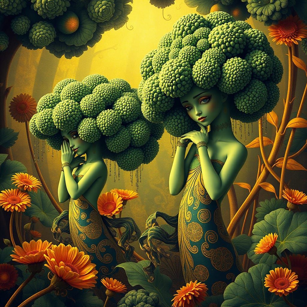 Art Nouveau Broccoli Characters in Lush, Vibrant Hues