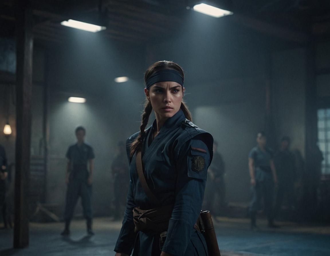 Cinematic Female Warrior in Dark Blue Outfit