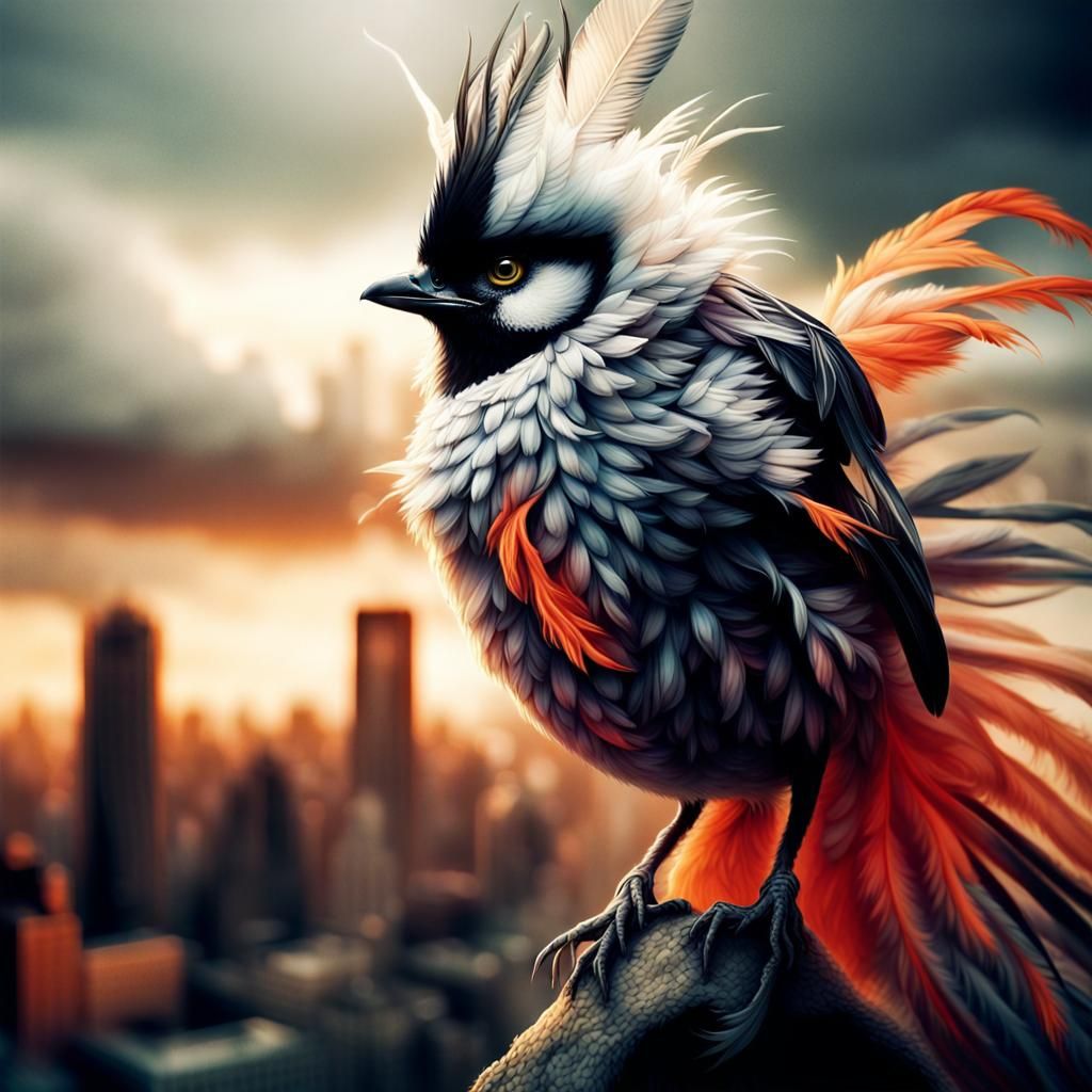 Colorful Tit Bird in Surreal Cityscape, Studio Photo