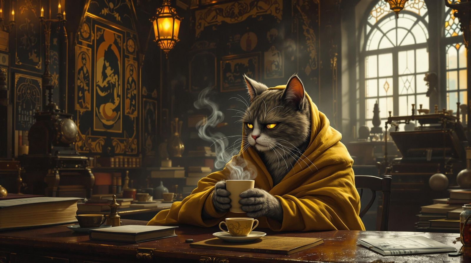 Weary Cat Sips Coffee in Opulent Art Deco Print Shop