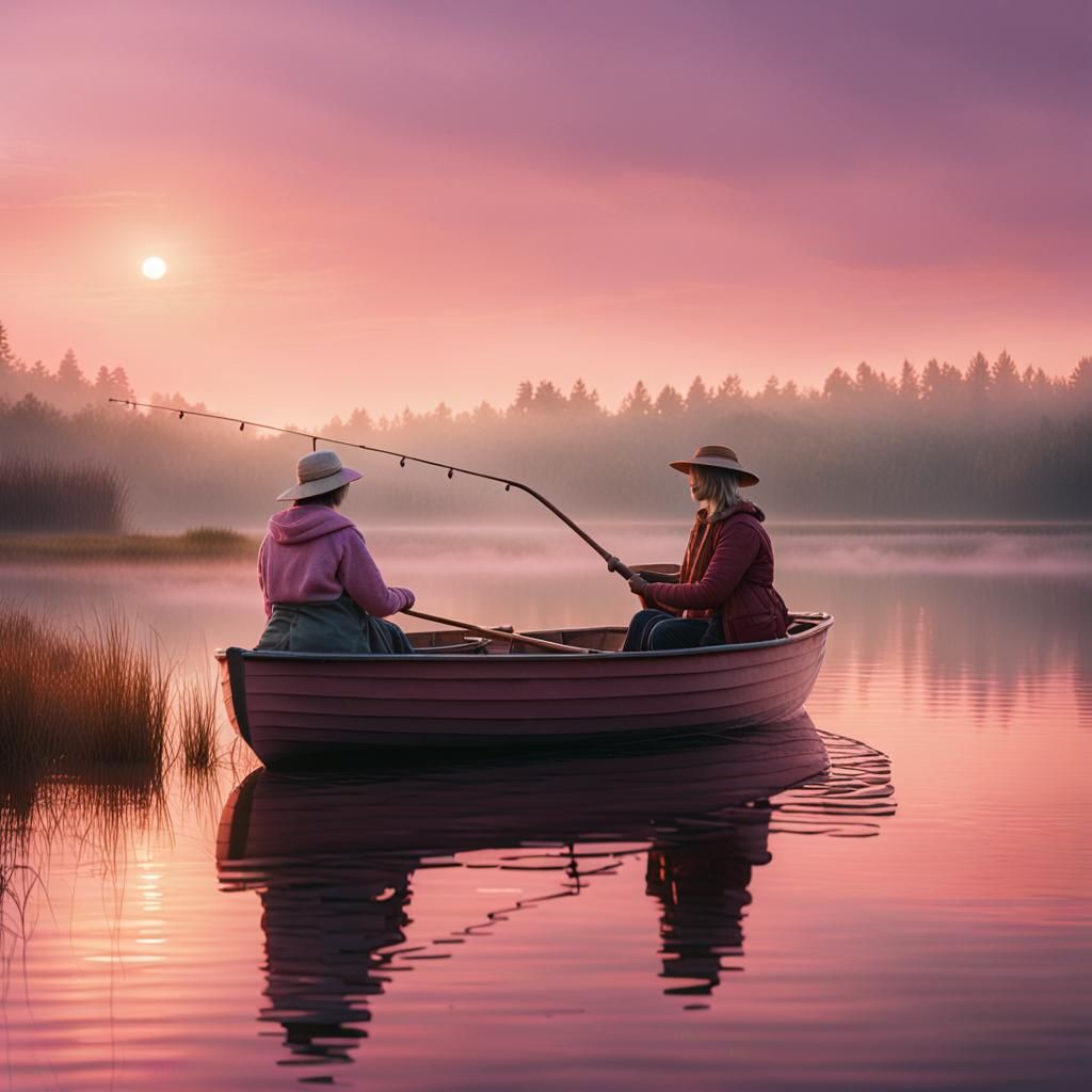 Women Fishing at Sunrise: A Cinematic Still