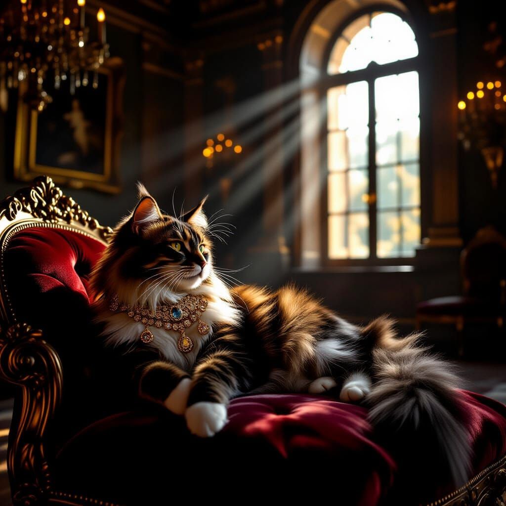 Regal Cat in Opulent Ballroom as Chiaroscuro Painting
