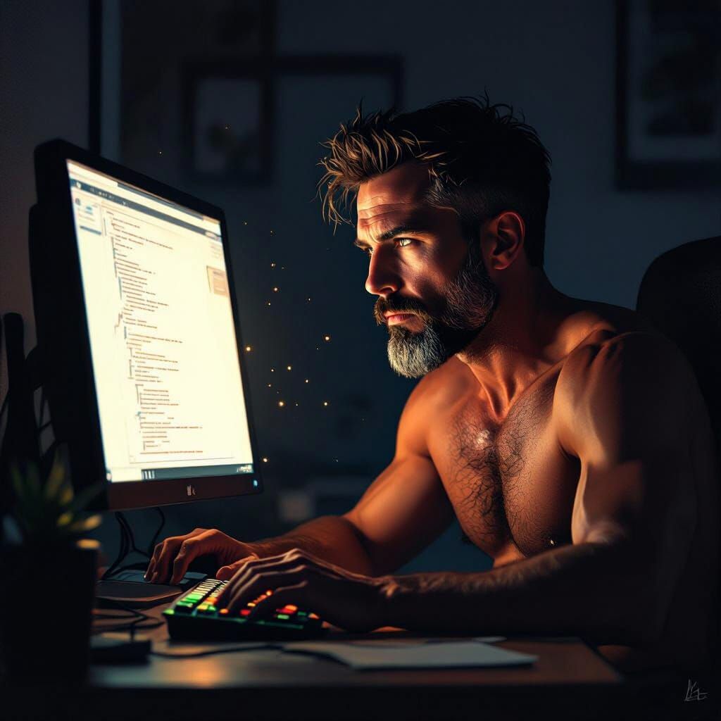 Shirtless Man with Goatee at Computer in Cyberpunk Noir Styl...