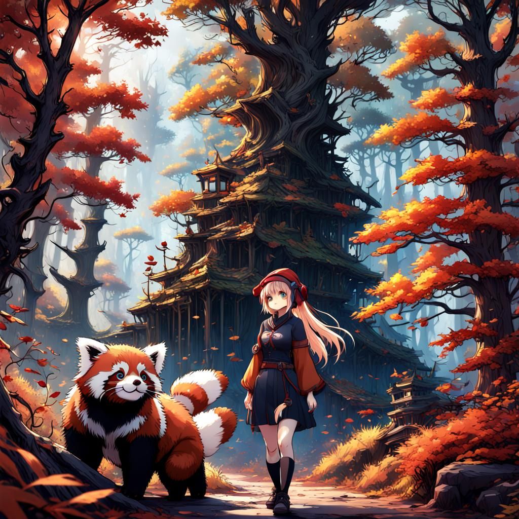 Anime Girl and Red Panda in Autumn Forest