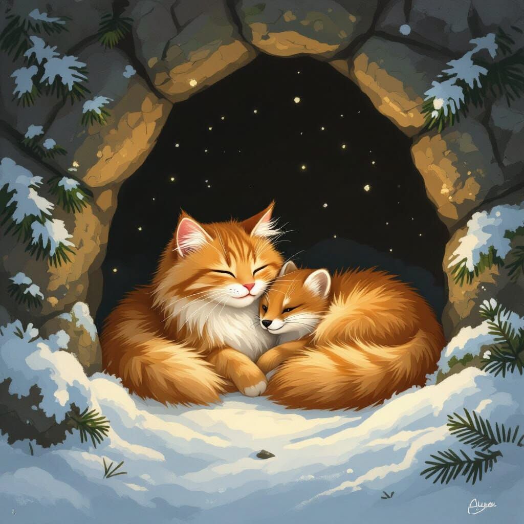 Cozy Cat and Stoat Cuddle in Snowy Cave Illustration