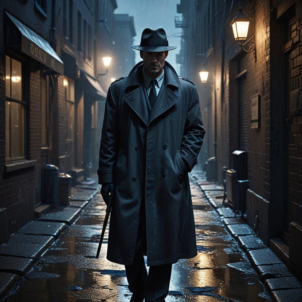 Film Noir Detective in Moody Alleyway