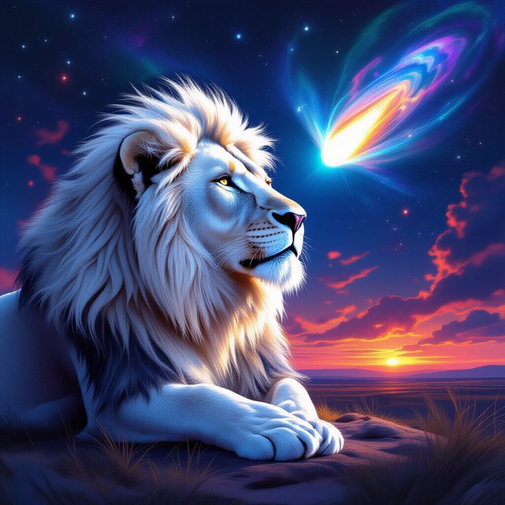 White Lion Illuminates Comet in Cosmic Mixed Media