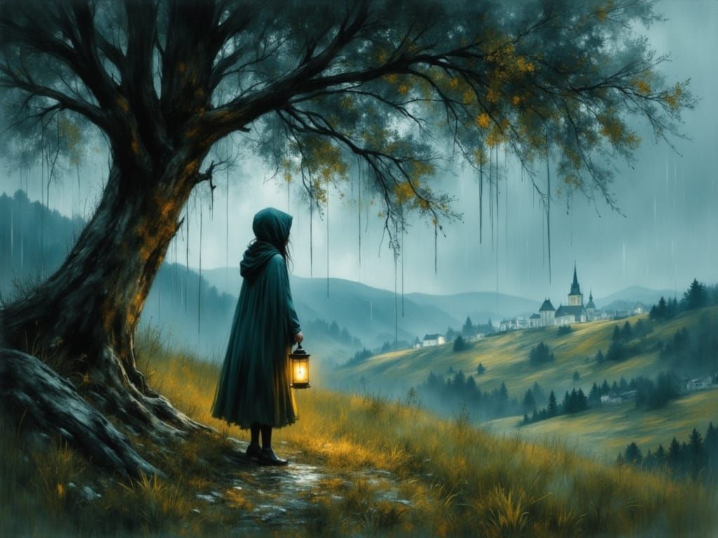 Girl with Lantern in Rainy Landscape Painting