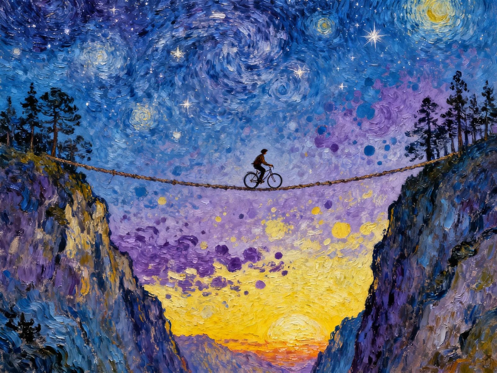 Oil Painting of Figure on Rope Bridge at Sunset