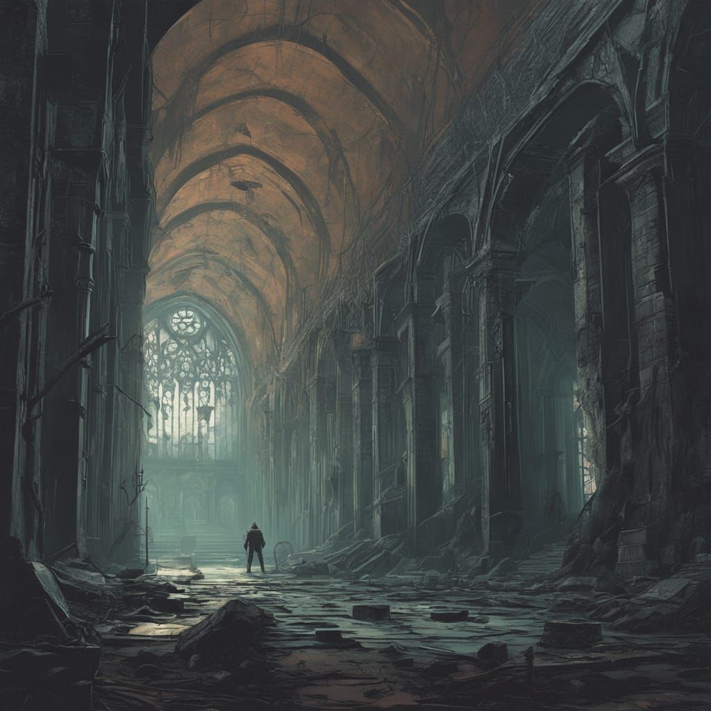 Gothic Figure in Cathedral Ruins: Digital Painting