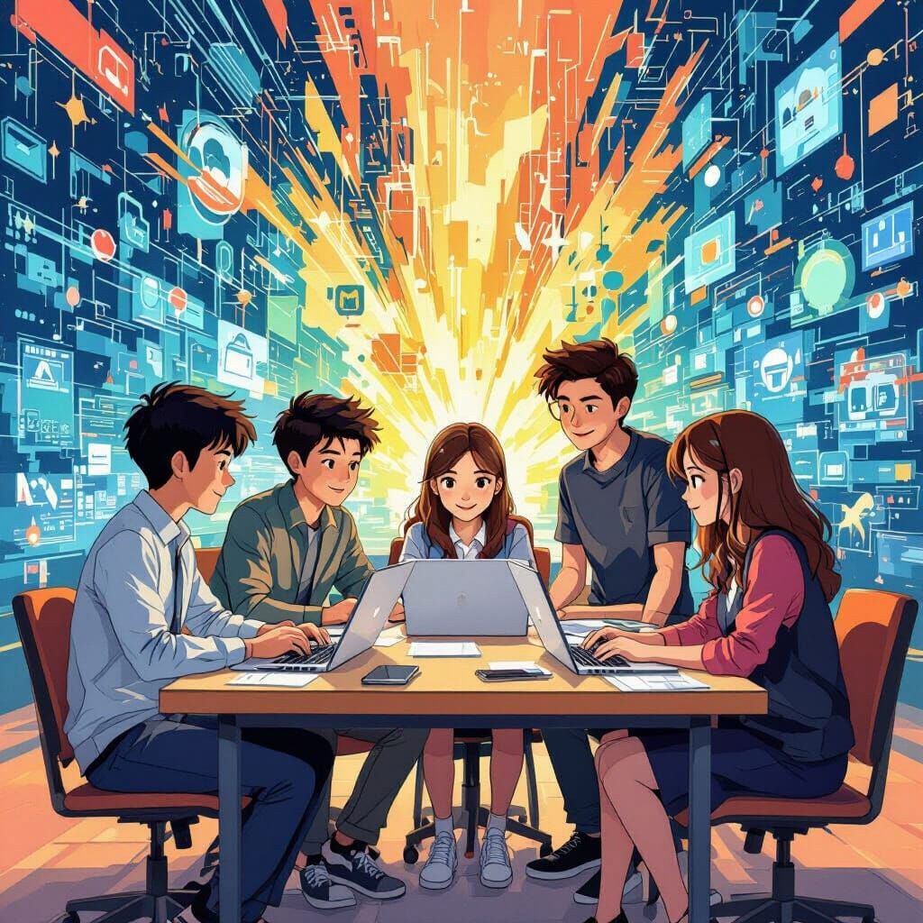 Cartoon Graduation Project: IT Students Working Together