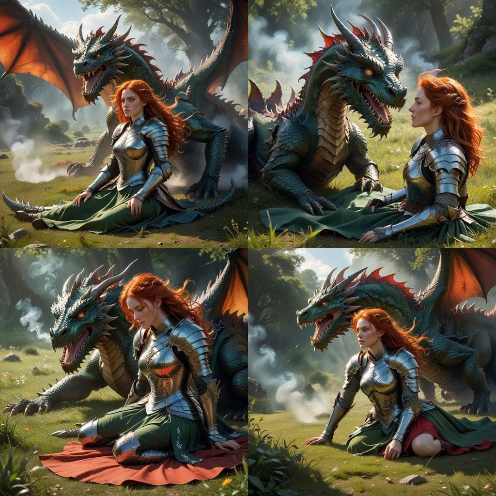 Knight Pondering Dragon's Tail in Sunlit Meadow