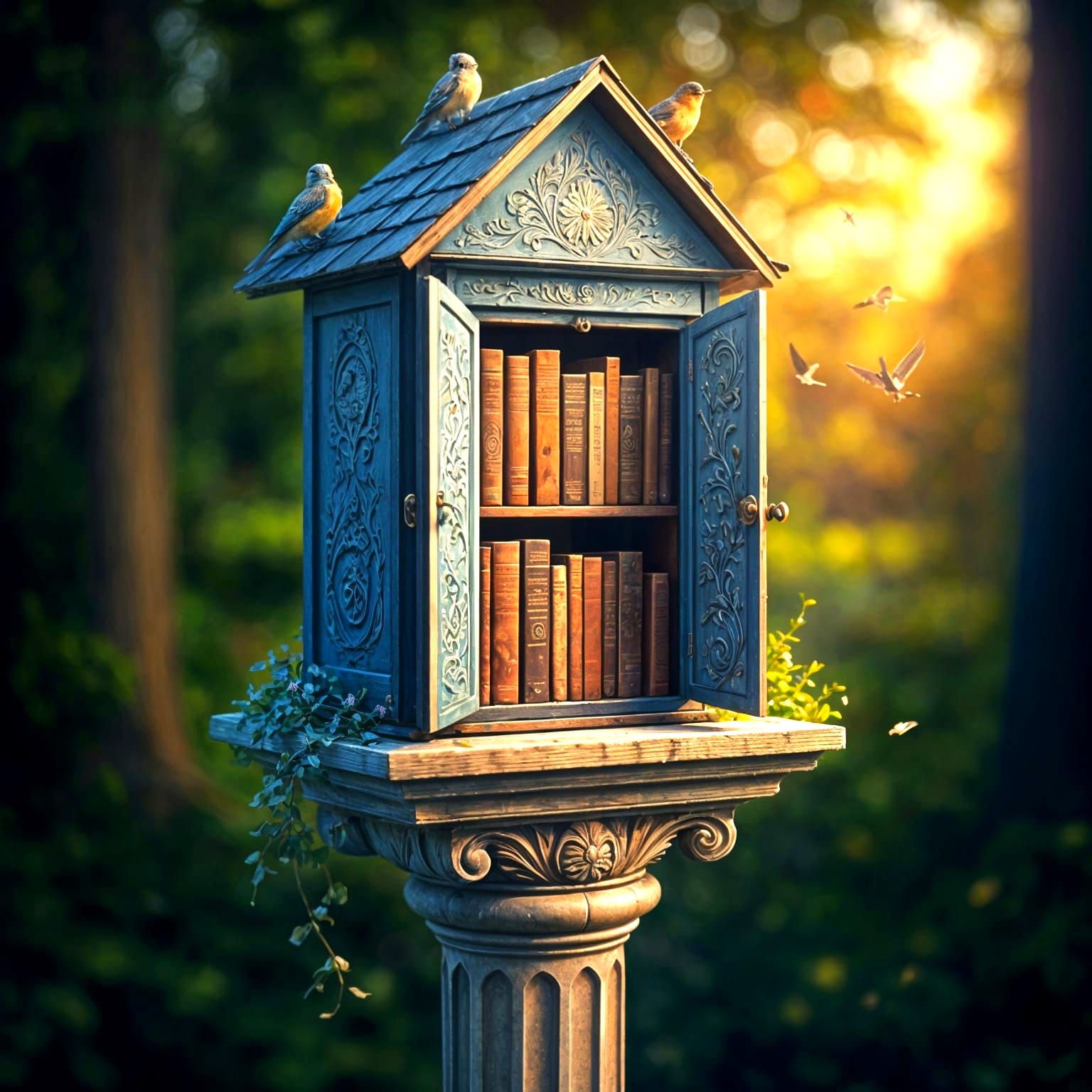 Vibrant Cobalt Blue Free Library Box Adorned with Peonies an...