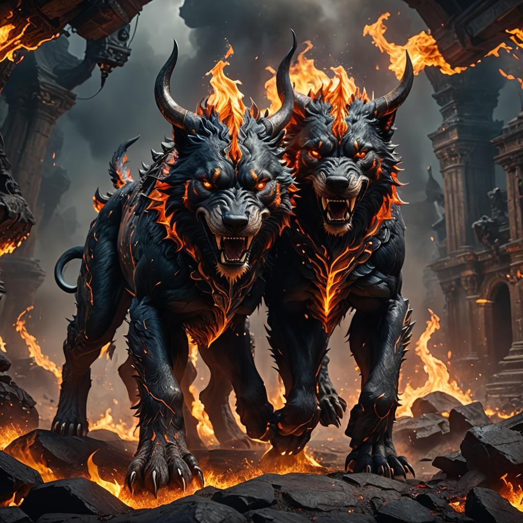 Fiery Three-Headed Cerberus: Detailed Fantasy Art