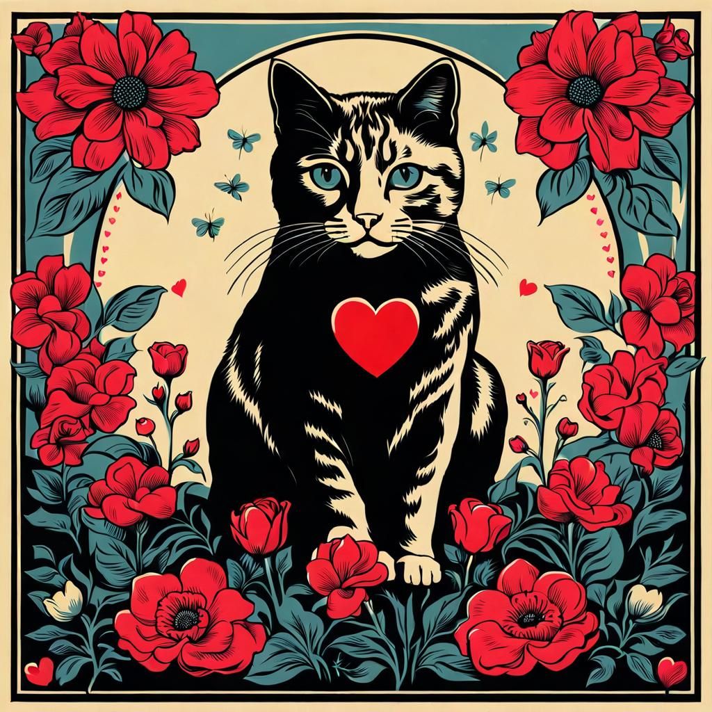 Cat Surrounded by Flowers, in Street Art Style