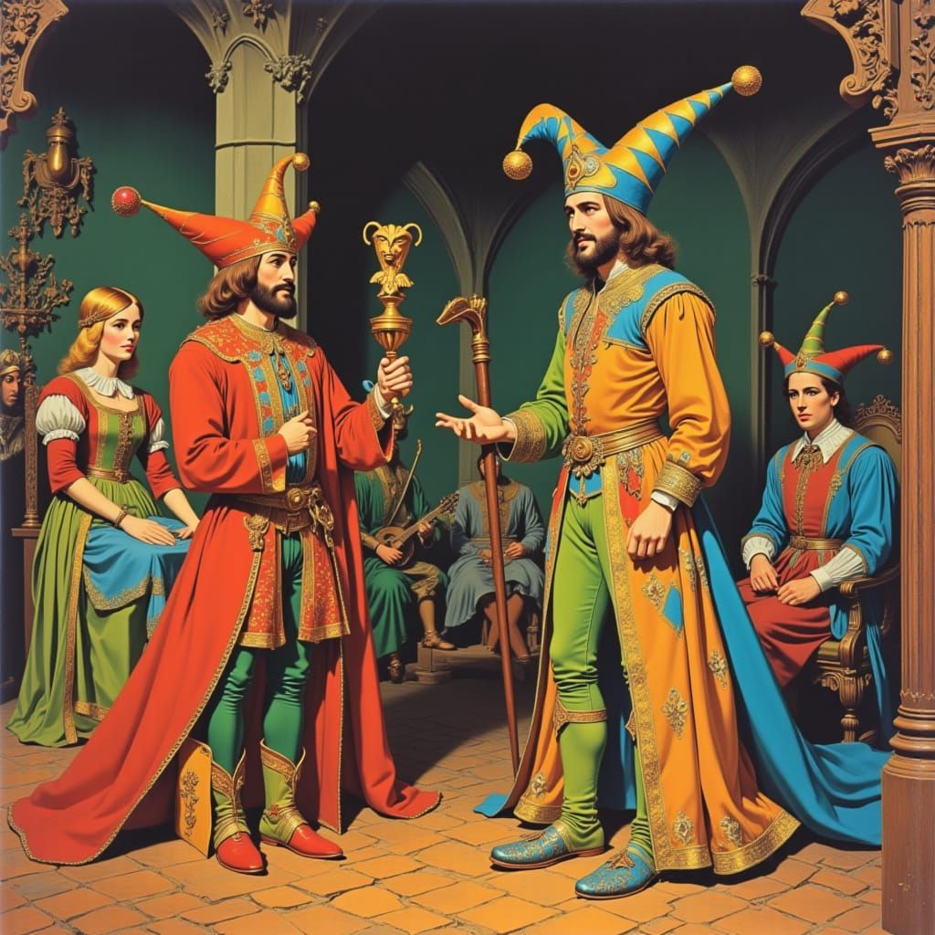 Colorful Jester Performs in Medieval Great Hall