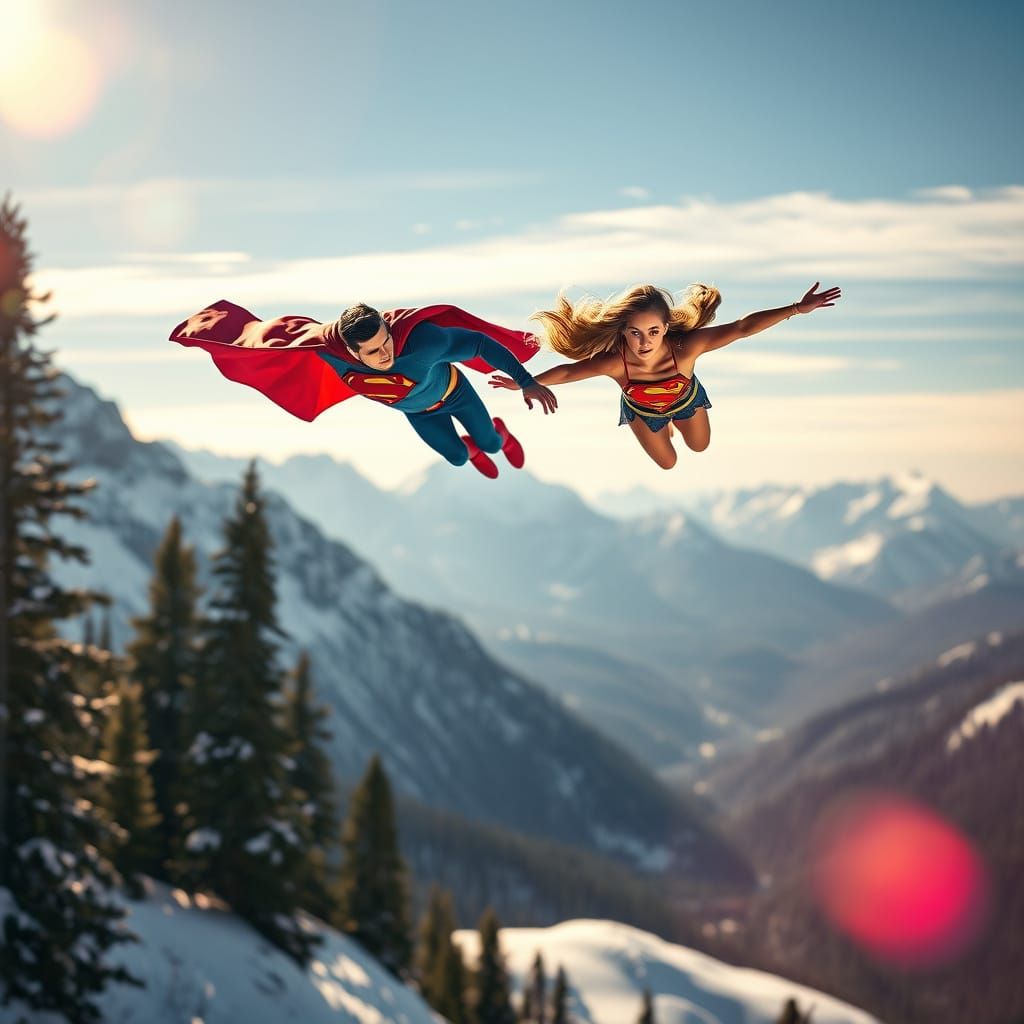 Superman and Supergirl Soar Above Snow-Capped Mountains in V...