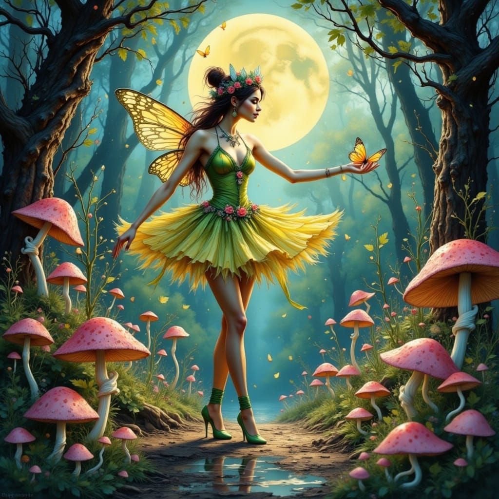Whimsical Fairy Dance in a Storybook Forest at Full Moon