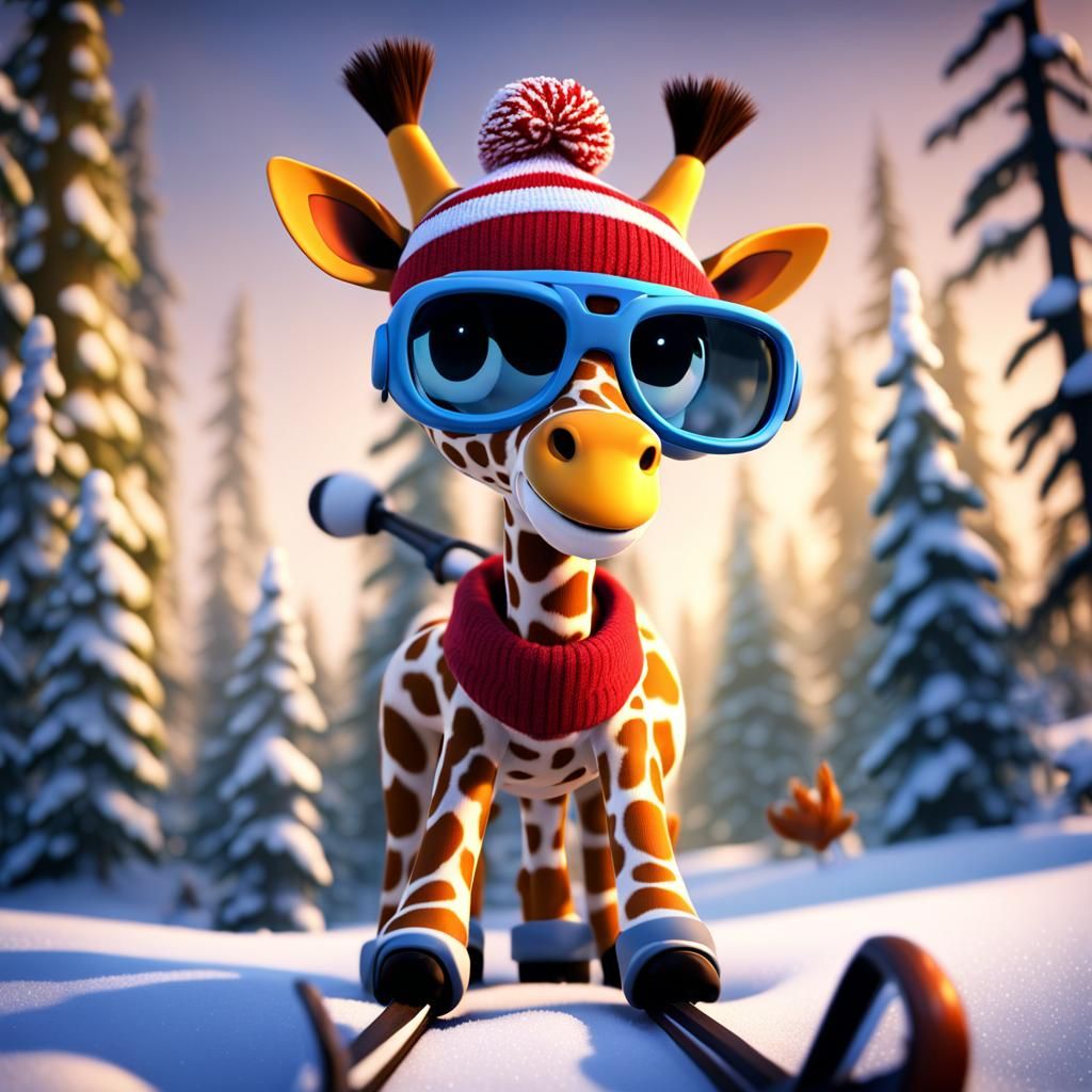 Pixar Giraffe Slalom Skiing in Snowy Forest