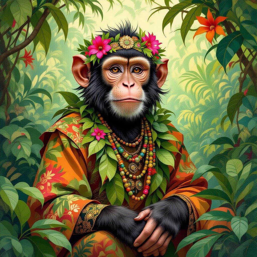 Monkey in Jungle Attire, in Art Nouveau Style