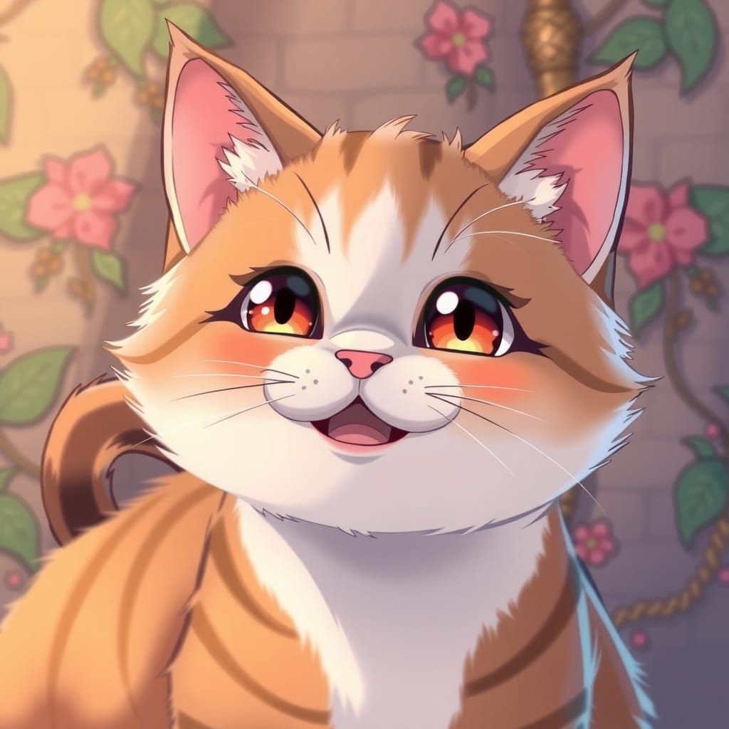 Cute Kawaii Cat Smiling, Anime Style