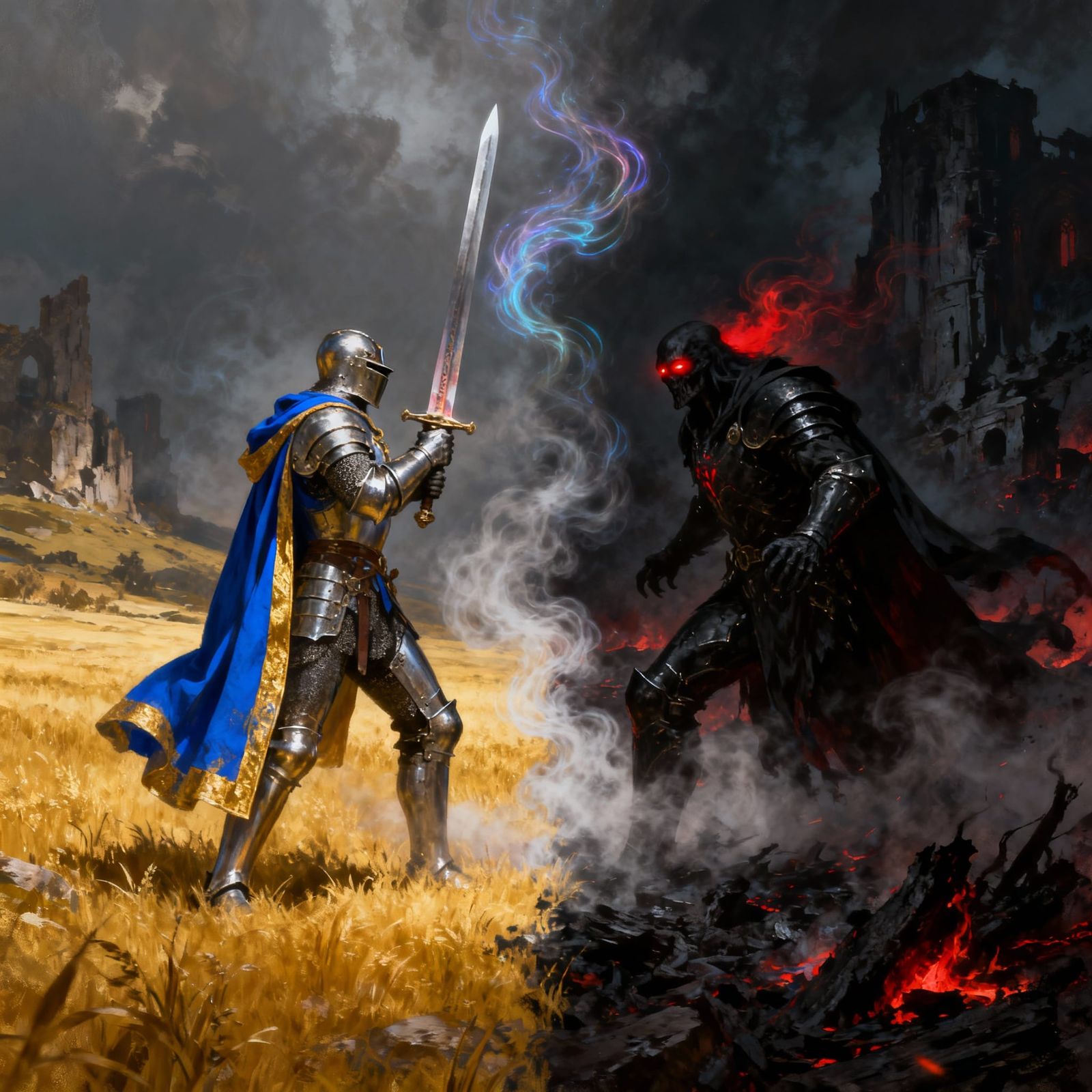 Knight vs Villain in Dramatic Light and Darkness Battle