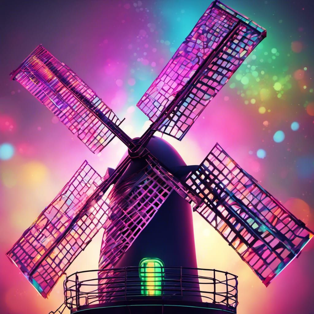 Hyperrealistic Neon Mesh Windmill with Abstract Background