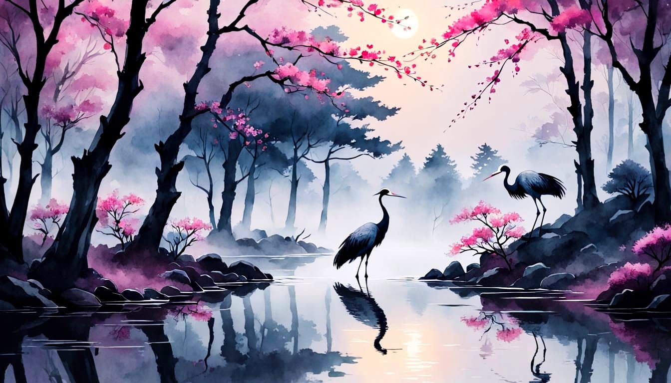 Japanese Geisha and Crane in Foggy Forest