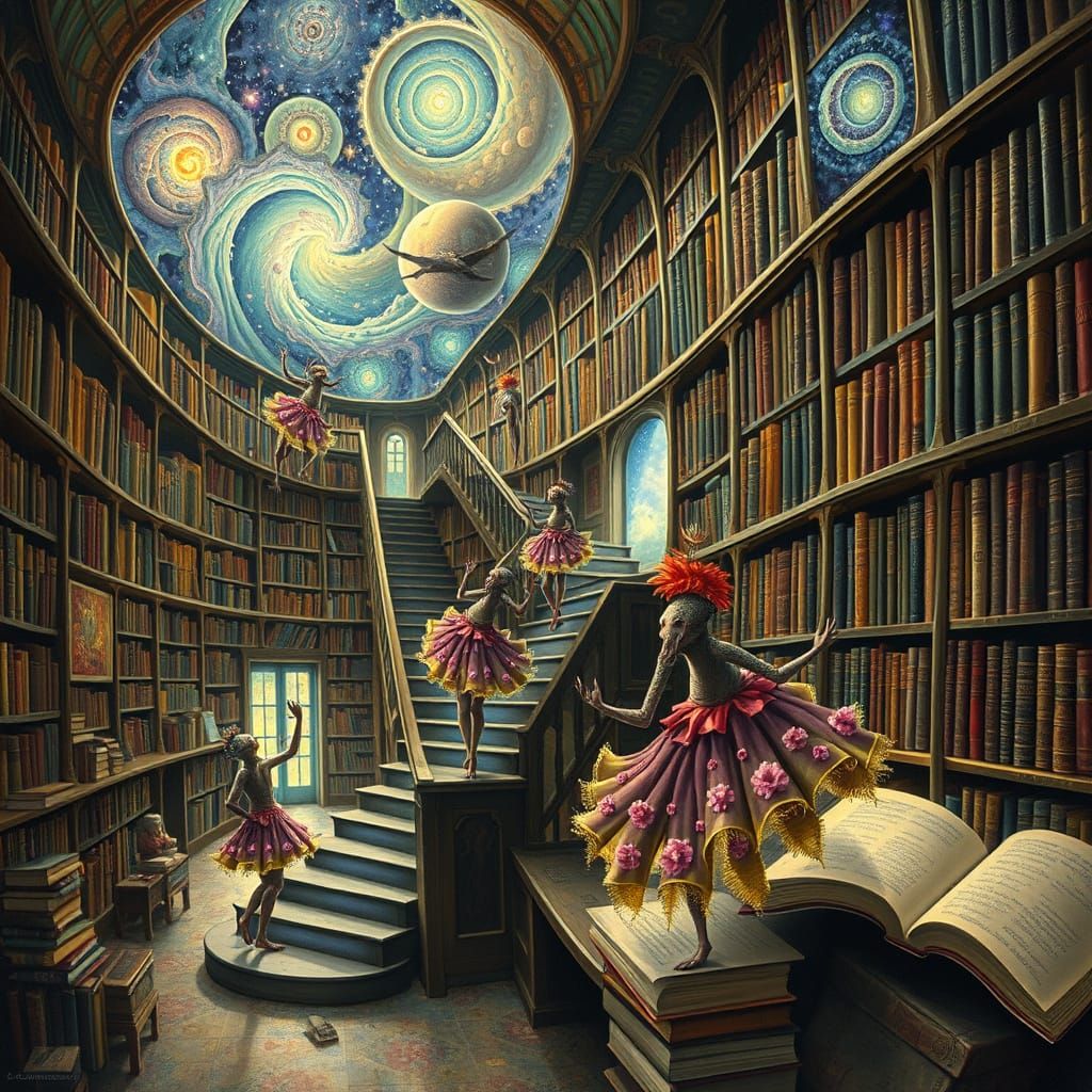 Surreal Library with Galaxy Books and Space Librarians