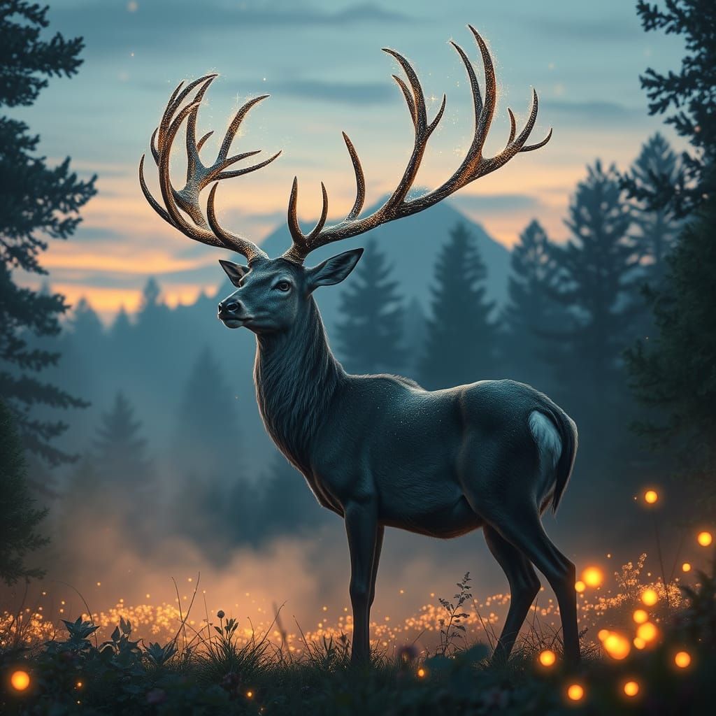 Stardust Deer in Bioluminescent Twilight Forest