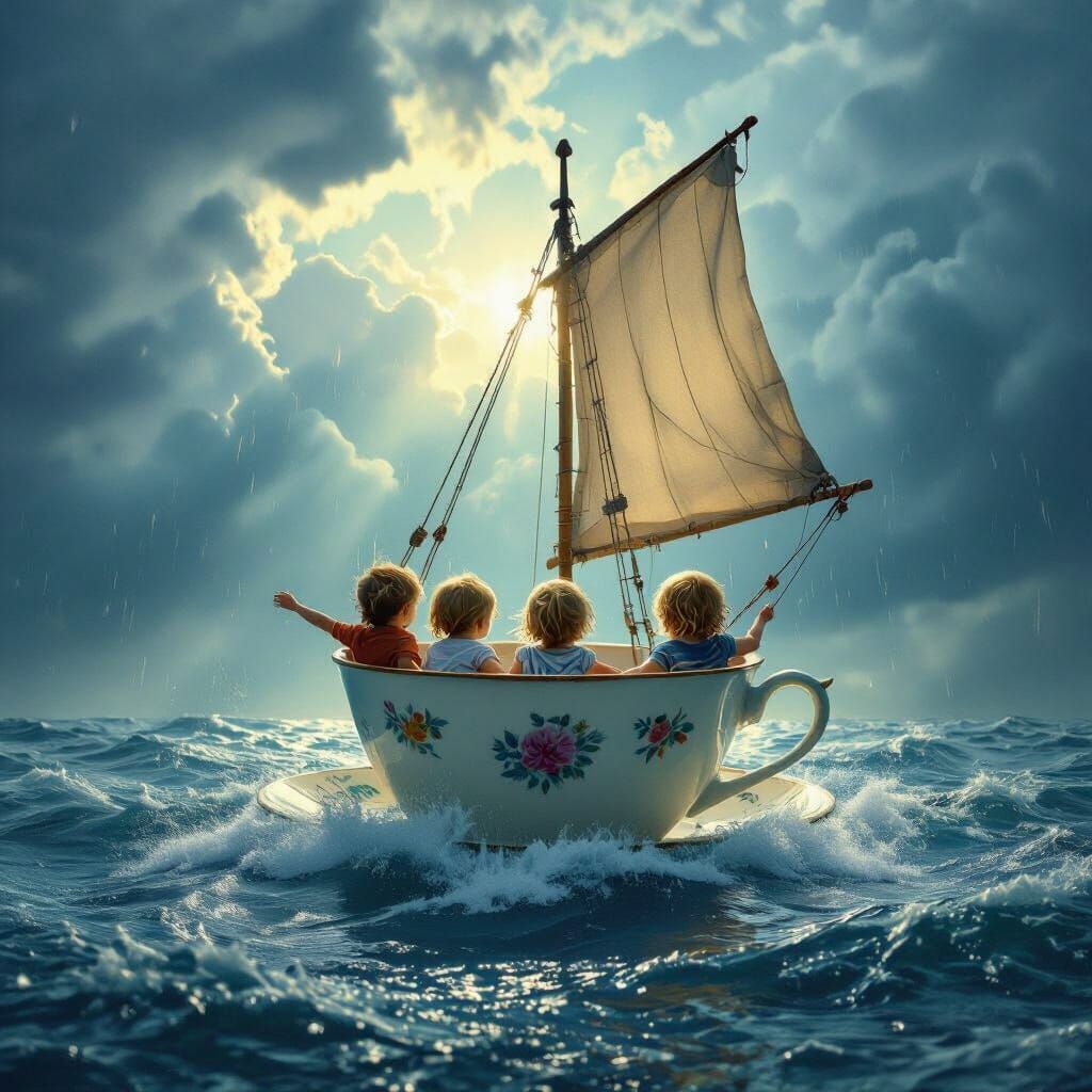 Teacups and Children Amidst Stormy Seas