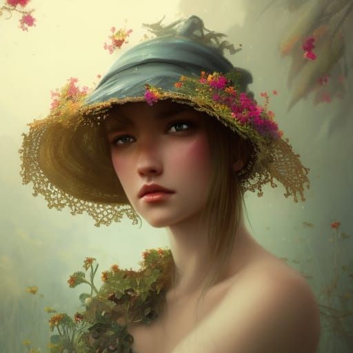 Lace Hat Portrait with Wild Flowers