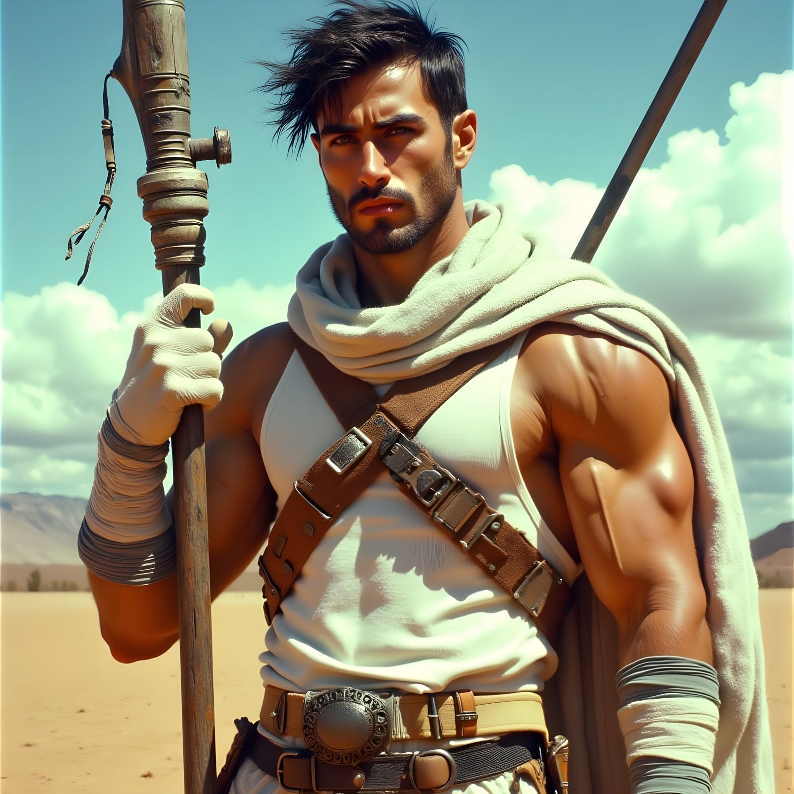 Muscular Man in Desert Landscape with Staff