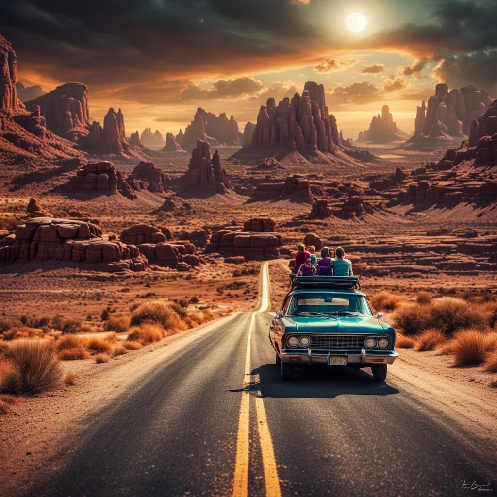 Alien Family Road Trip in Hyperrealistic Style