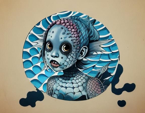 Grotesque Fish-Faced Monster Girl in Ink Art
