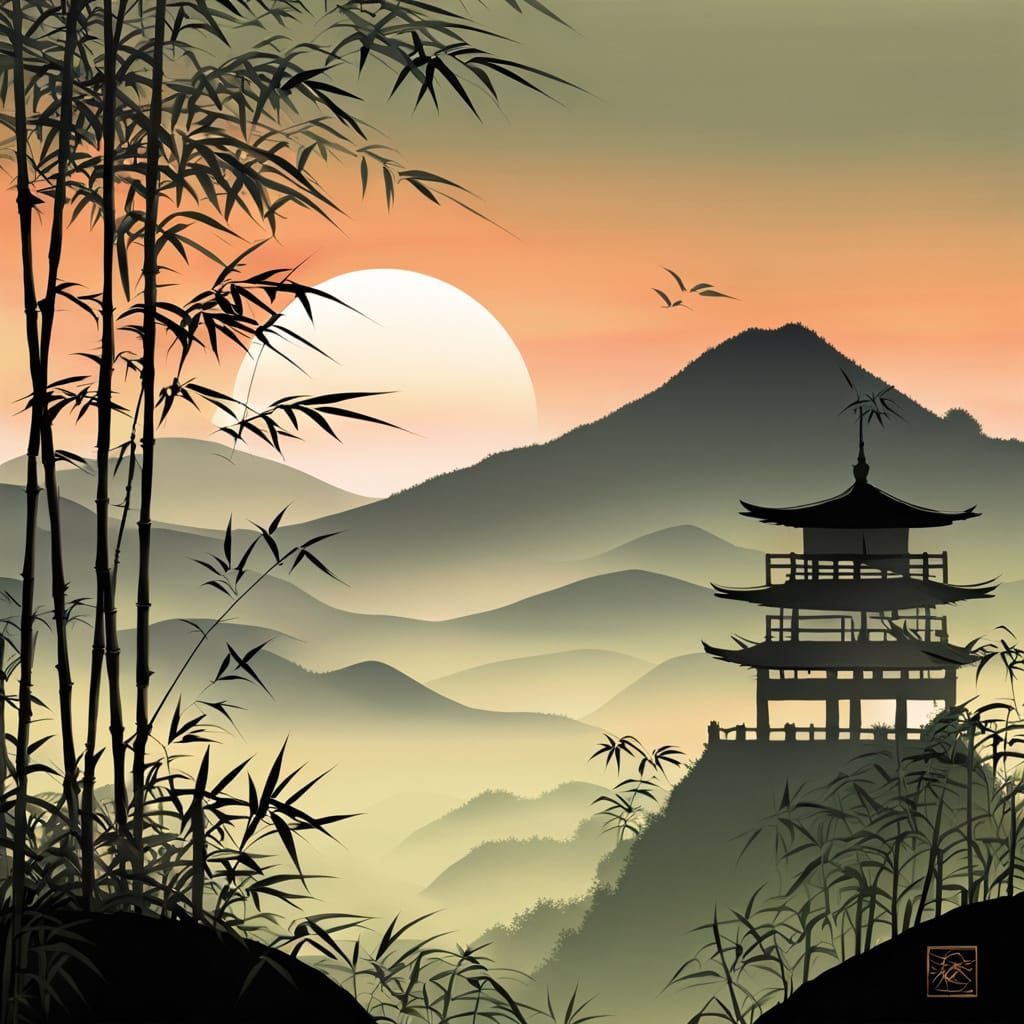 Bamboo Hills at Perpetual Sunset in Japanese Ink Style