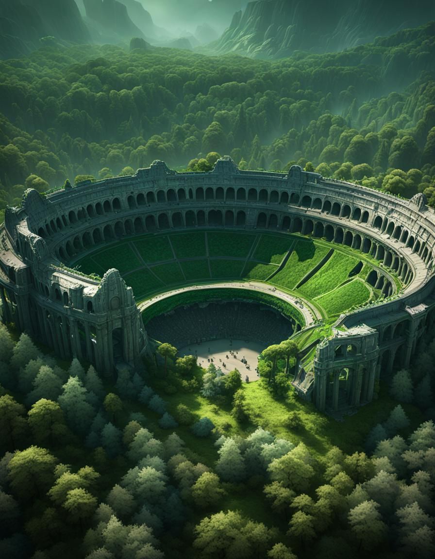 Hyperdetailed Undergrowth Coliseum Arena in Green and Black