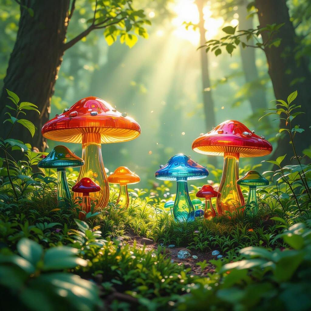 Vibrant Forest with Colorful Glass Mushrooms and Sunlight